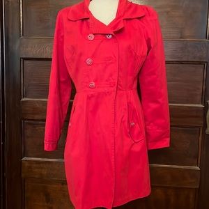 Red lined military style, fit and flare coat dress with pockets